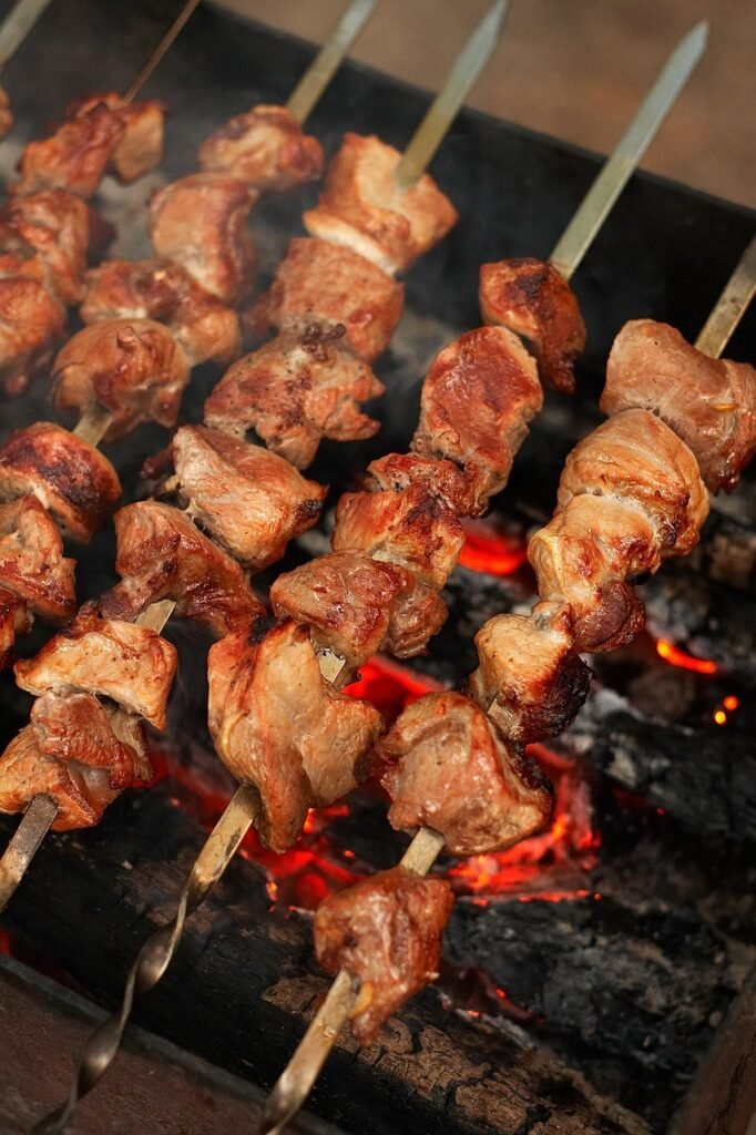 food, picnic, shish kebab, meat, brazier, grilled meat, frying, coals, on the nature, nature, summer, skewers